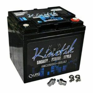 Kinetic BLU car audio battery against a white background.