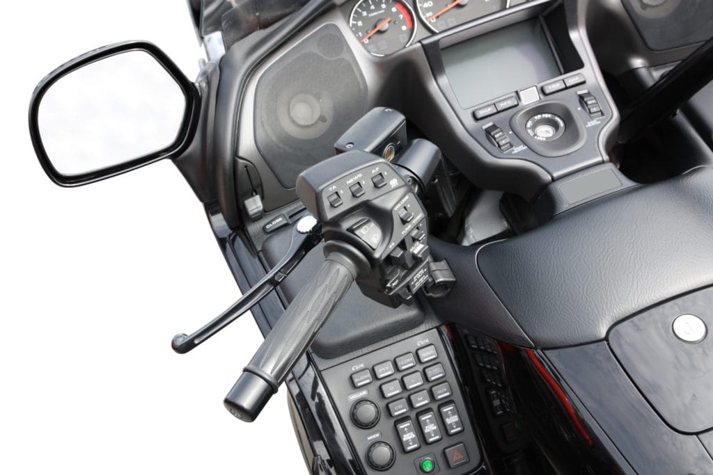 Motorcycle with electronics and one of the best bluetooth motorcycle speakers for motorcycles.