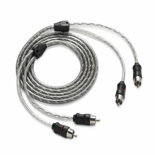 Silver JL RCA cables against white background.